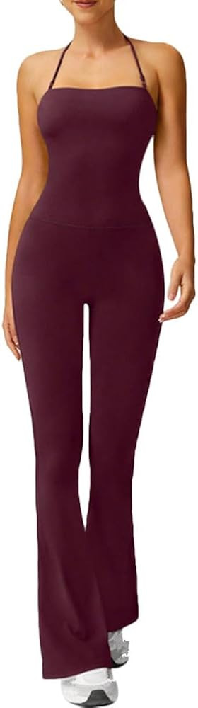 Women's Sexy Sleeveless Halterneck Flare Jumpsuit Sports Yoga Workout Full Length Romper | Amazon (US)