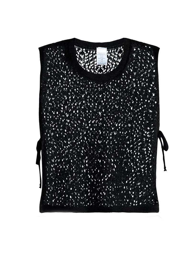 No Boundaries Cropped Crochet Knit Poncho with Side Ties, Women's | Walmart (US)