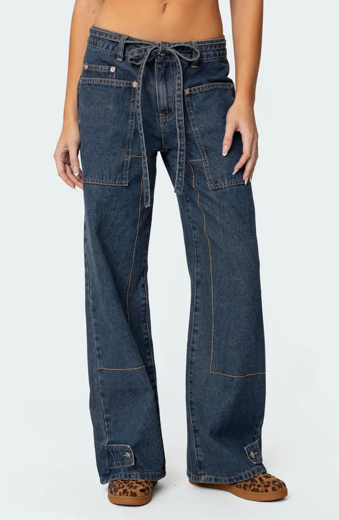 Funky Stitch Belted Low Rise Wide Leg Jeans | Nordstrom