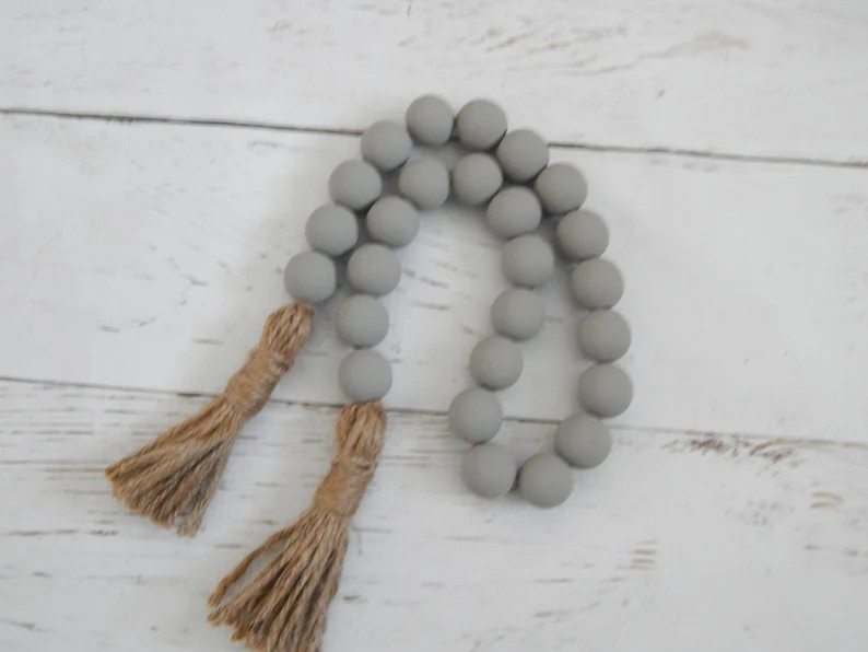 Gray Wood Bead Garland with Jute Tassels, Boho Farmhouse Decor | Etsy (Global)