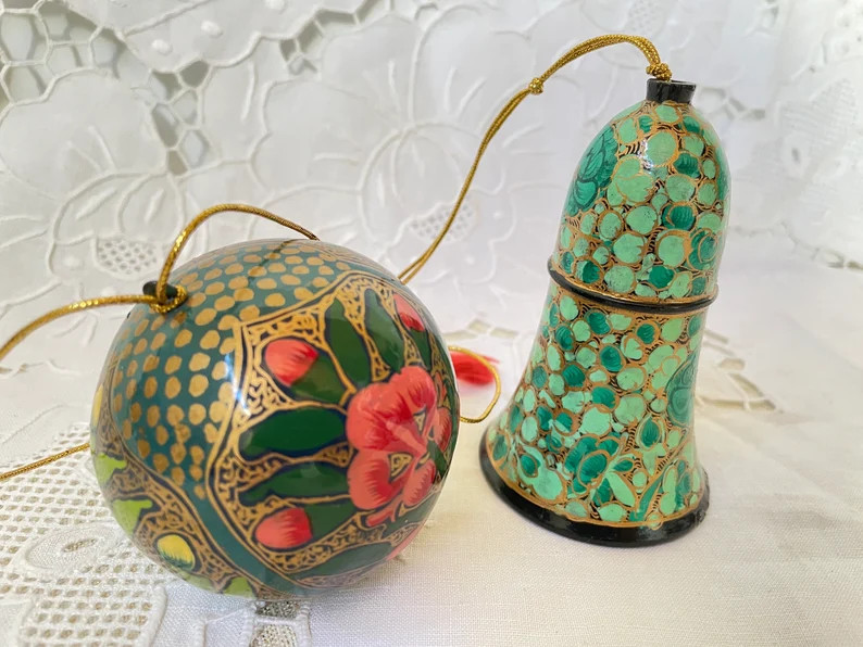 Kashmir Paper Mache Ornaments, Pair, Vintage India Hand Painted Christmas Bell and Floral Xmas Ba... | Etsy (US)