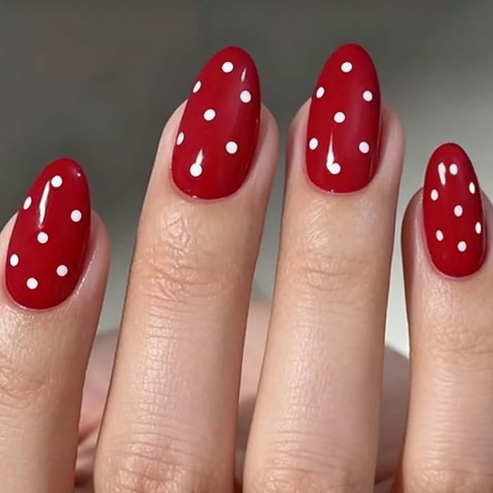 Red Press on Nails Short Almond Fake Nails Cute Nails Press ons with Polka Dot Design,Reusable Ar... | Amazon (US)