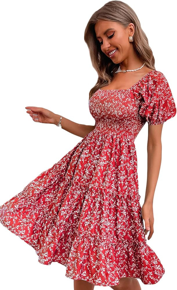 Floerns Women's Floral Square Neck Puff Short Sleeve Ruffle Hem Boho Dress Green S at Amazon Women’s | Amazon (US)