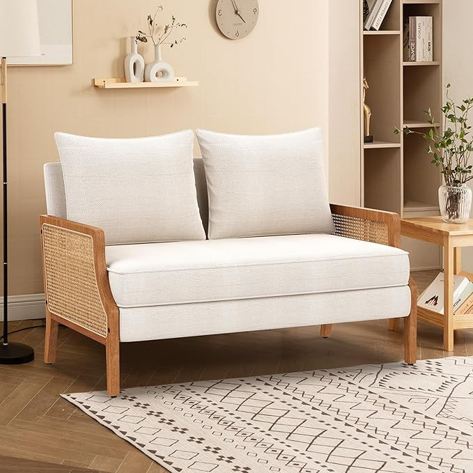 Aklaus 45" W Fabric Small Beige loveseat with Natural Rattan Arms,Upholstered Modern Mini Sofa Li... | Amazon (US)