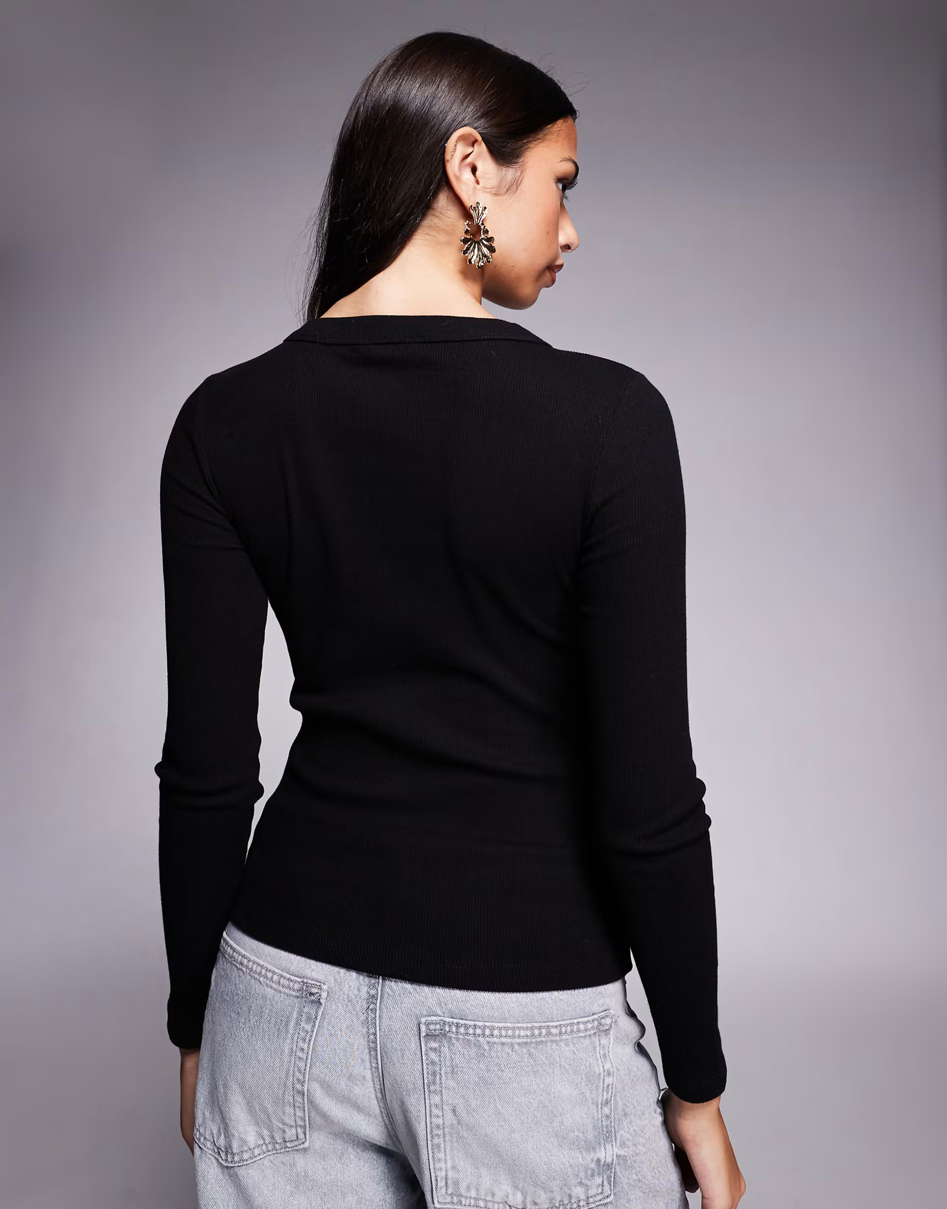 River Island button through ribbed top in black | ASOS (Global)