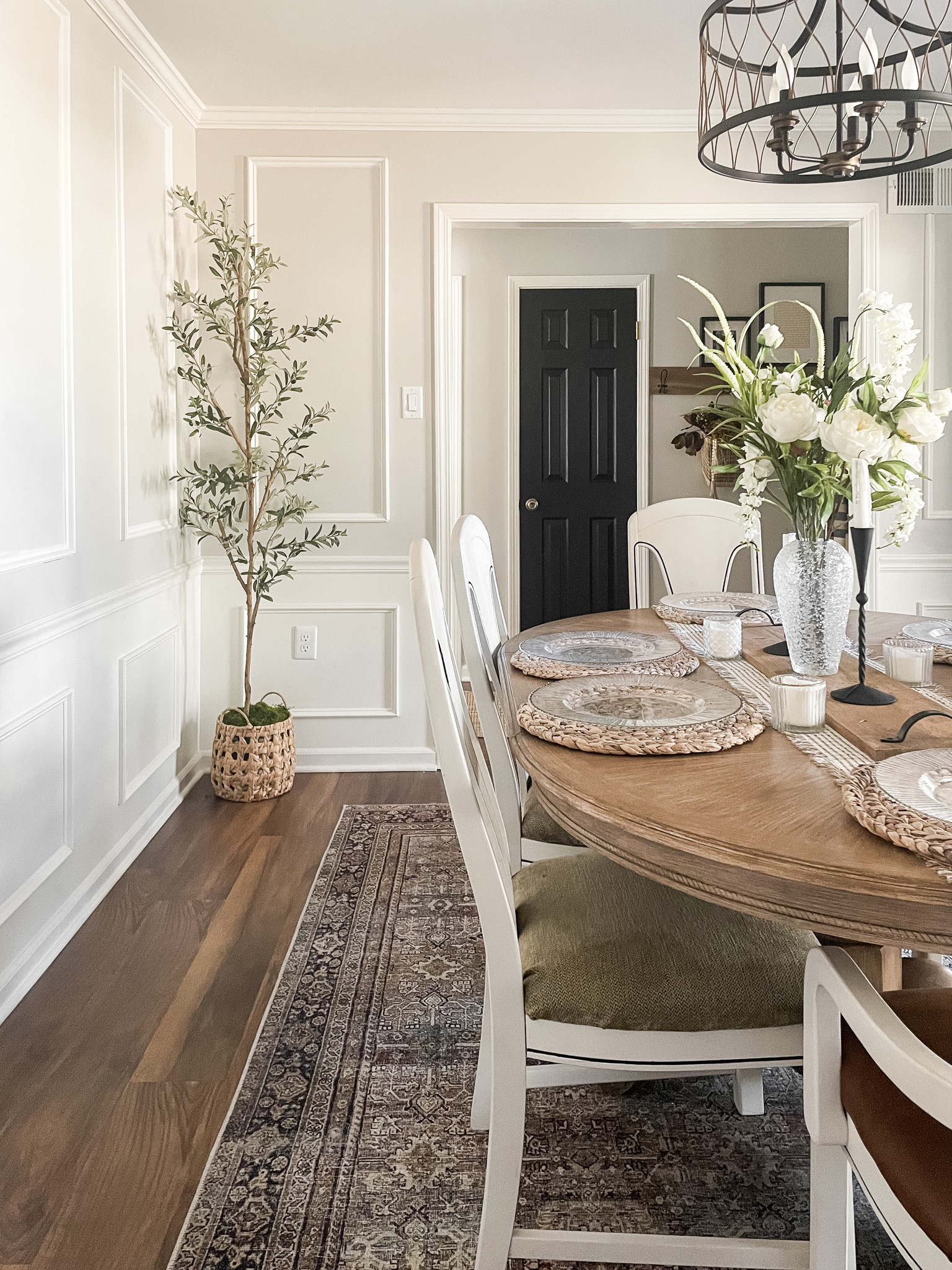 Dining room tablescape
Vintage inspired loloi rug
Large area rug brown, olive 
Olive tree
DIY wall molding 


#LTKunder50 #LTKfamily #LTKhome