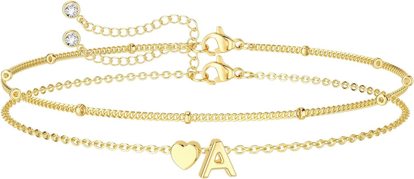 DEARMAY Dainty Initial Heart Gold Bracelets for Women Trendy, 14K Real Gold Letter Charm Bracelet... | Amazon (US)