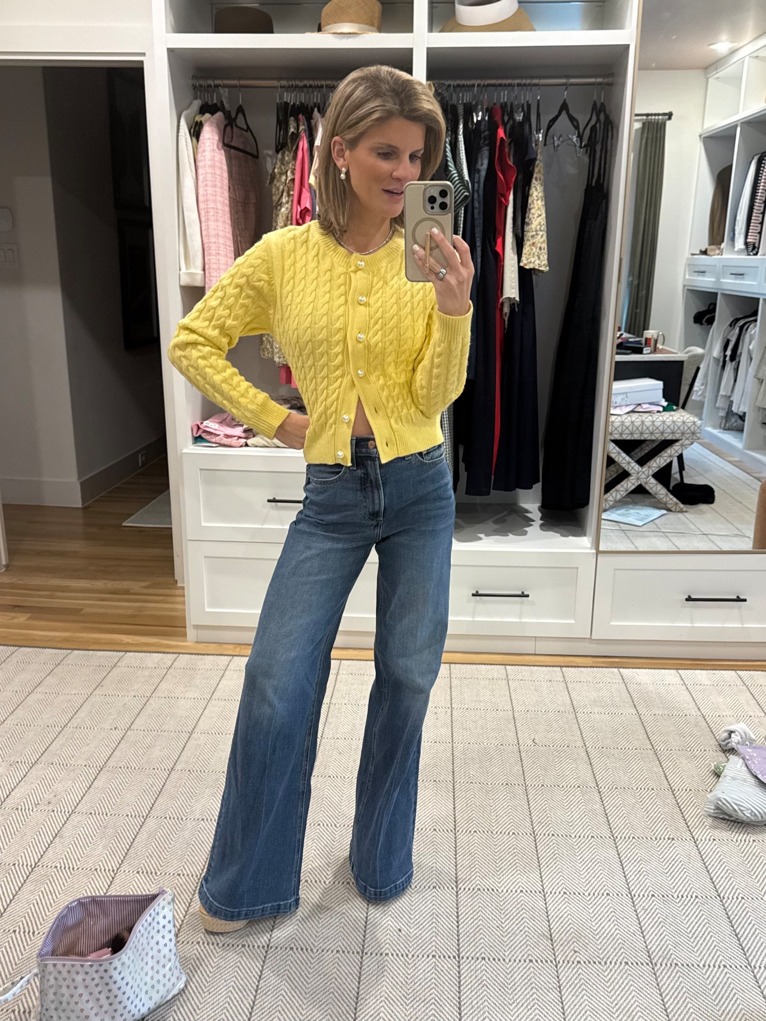 Jeans - wearing size 24. I did not get hemmed bc I am wearing with very high platform wedges. 

Sweater - wearing size extra small