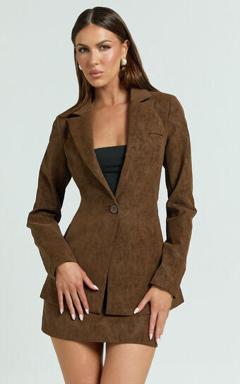 Gretchen Blazer - Slim Fitting Single Breasted Faux Suede Blazer in Brown | Showpo (ANZ)