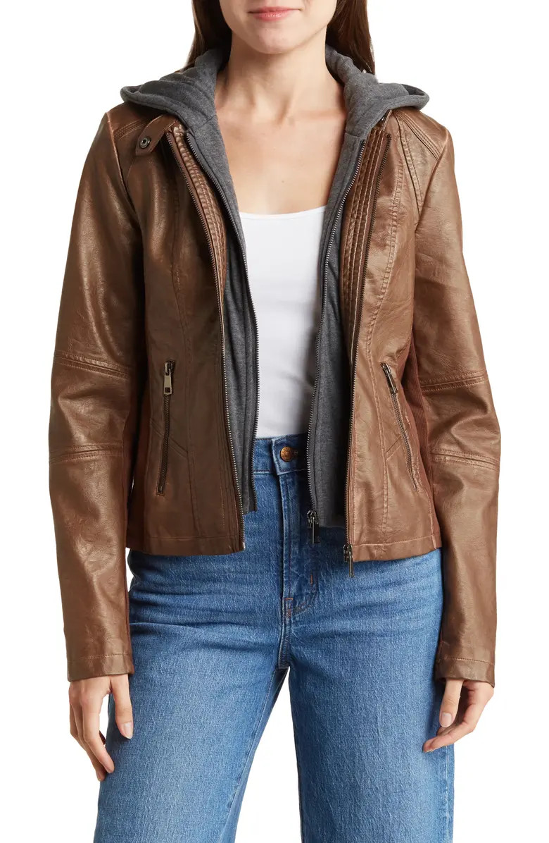 Fleece Bib Hooded Faux Leather Jacket | Nordstrom Rack