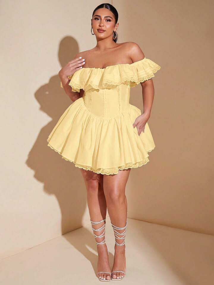 SHEIN BAE Plus Size Ruched Lace Trim Off Shoulder Elegant Dress | SHEIN