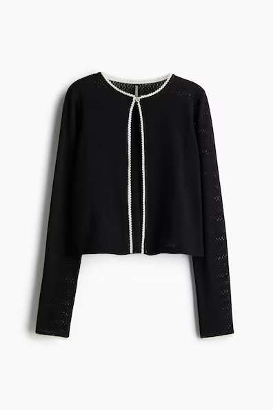 H & M - Picot-trimmed pointelle-knit cardigan - Black | H&M (UK, MY, IN, SG, PH, TW, HK)