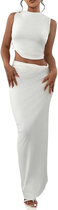 Verdusa Women's 2 Piece Outfits Mock Neck Ruched Sleeveless Tank Top and Bodycon Maxi Skirt Set | Amazon (CA)