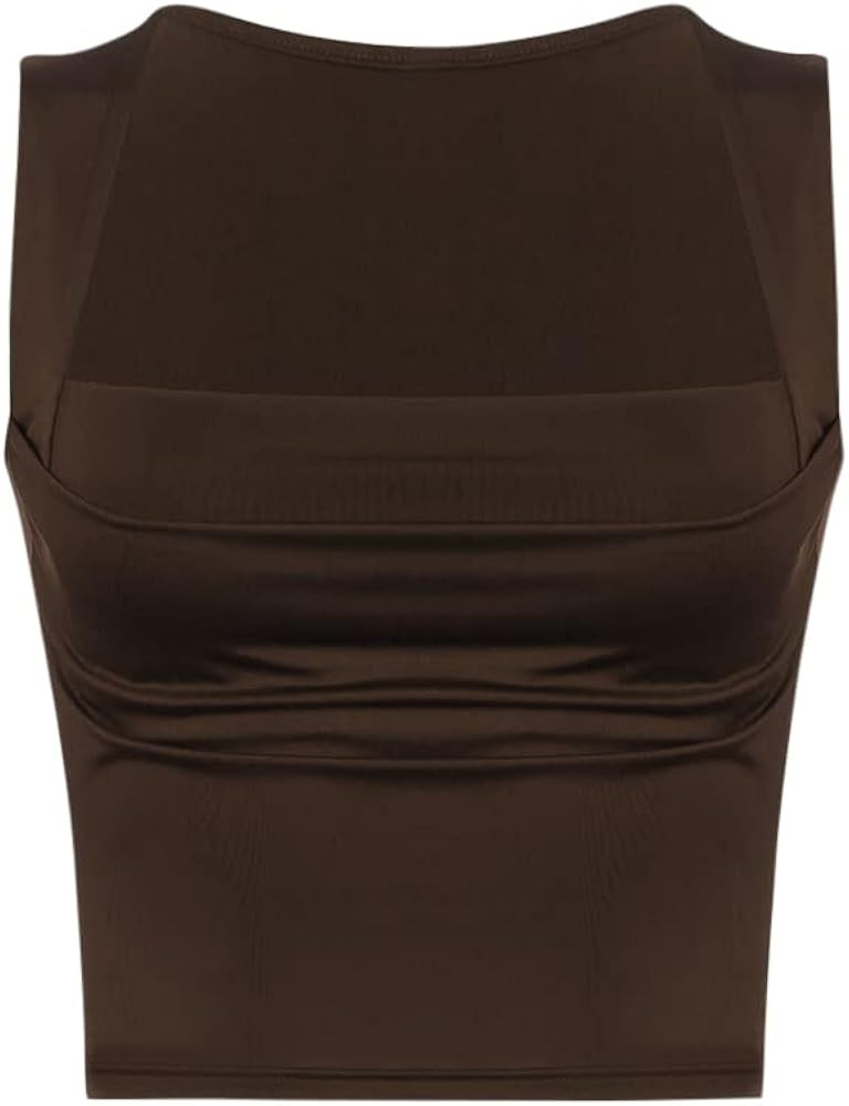 Meladyan Women Sexy Pleated Ruched Crop Tank Top Blue Square Neck Strappy Sleeve Cropped Vest Cam... | Amazon (US)