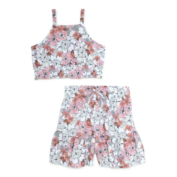 Wonder Nation Girls Floral Tank Top and Flutter Shorts, 2-Piece Casual Outfit Set, Sizes 4-18 & P... | Walmart (US)