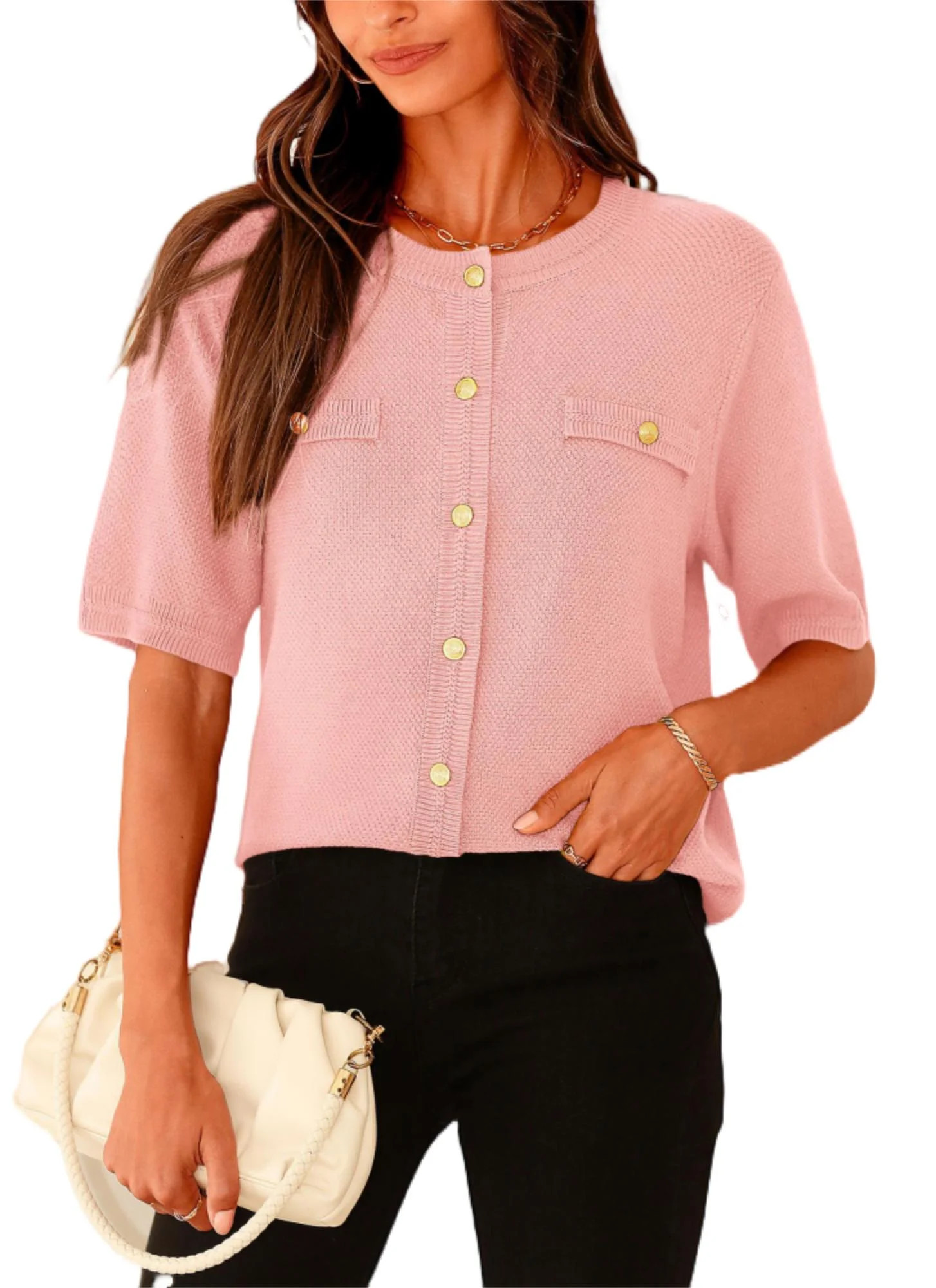 PRETTYGARDEN Women's Summer Button Down Shirts Casual Short Sleeve Crew Neck Ribbed Knit Blouse T... | Walmart (US)