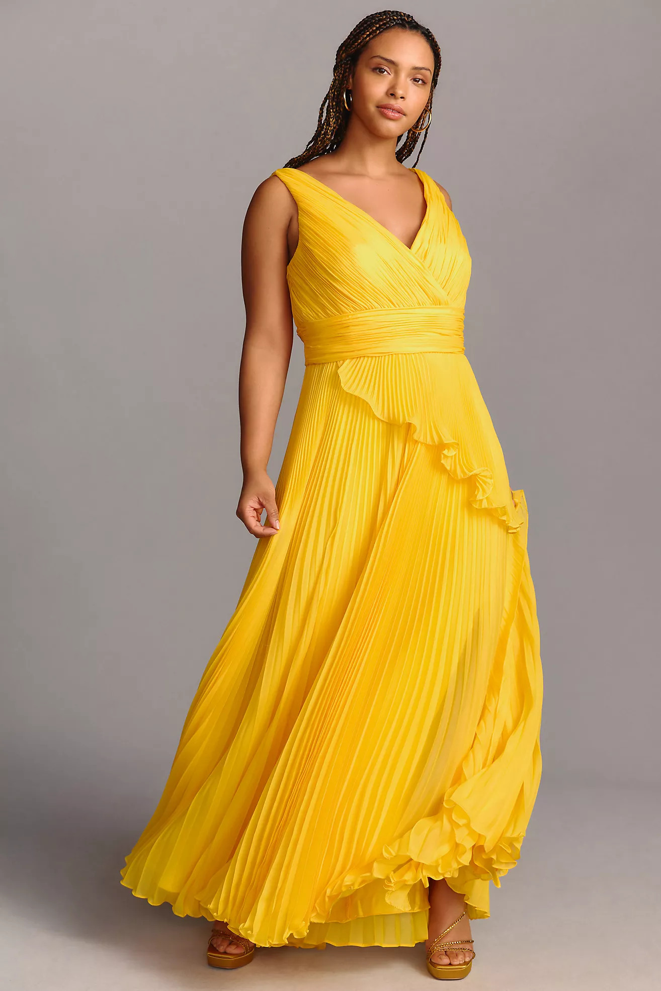 Mac Duggal Plus Chiffon Pleated V-Neck Ruffle Gown | Anthropologie (US)