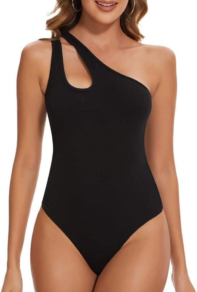 SHAPERIN Women's One Shoulder Cutout Front Sleeveless Thong Bodysuit Backless Tank Tops Leotard | Amazon (US)