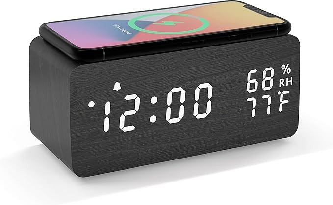 JALL Wooden Digital Alarm Clock with Wireless Charging, 3 Alarms LED Display, Sound Control and S... | Amazon (US)