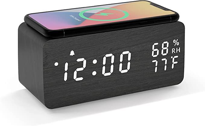 JALL Wooden Digital Alarm Clock with Wireless Charging, 3 Alarms LED Display, Sound Control and S... | Amazon (US)