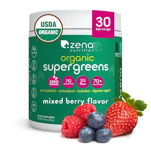 Zena Nutrition Organic Super Greens Powder, 70+ Superfoods, 0 Sugar, 3G Fiber, Spirulina, Chlorella, Antioxidants, Prebiotics/Probiotics, Digestive Enzymes, Mixed Berry, 30 Servings | Amazon (US)