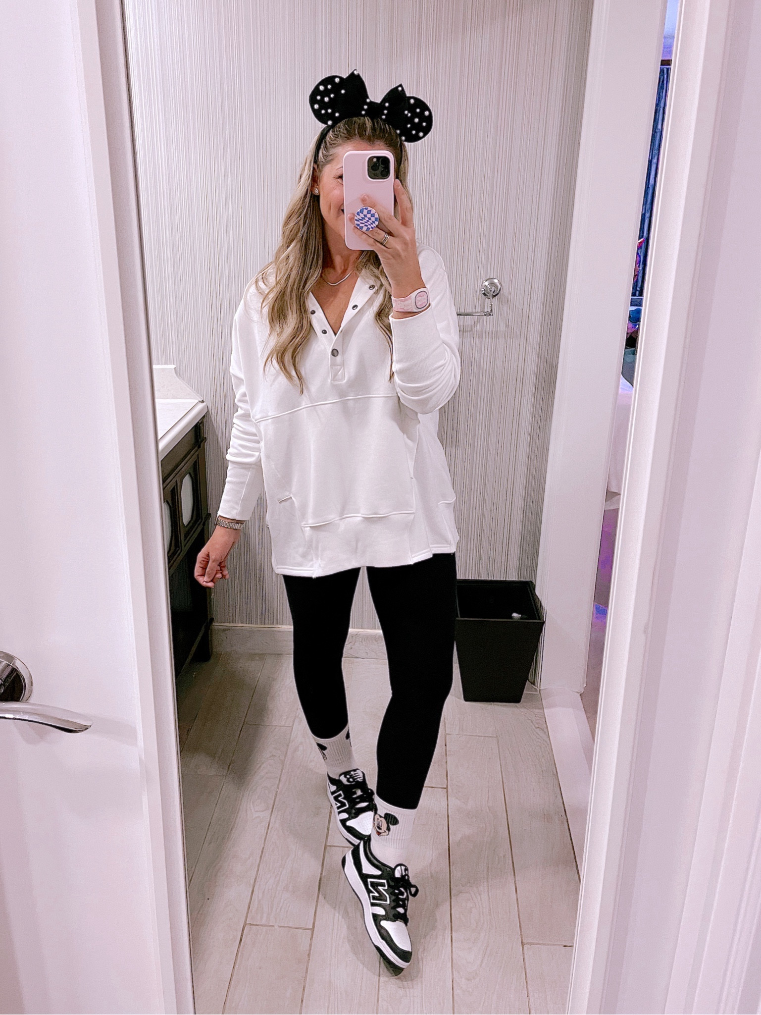 Today’s Disney outfit! This oversized Amazon hoodie is a MUST!!! Obsessed with this. Free people vibes for less $$!! It’s a really soft fleece inside.. so cozy. Cute kangaroo pockets. And really long length! I’m in my true size S. // fave leggings true to size S // size down in sneakers - they’re a unisex fit. I did a size 6, and I’m normally an 8. // 