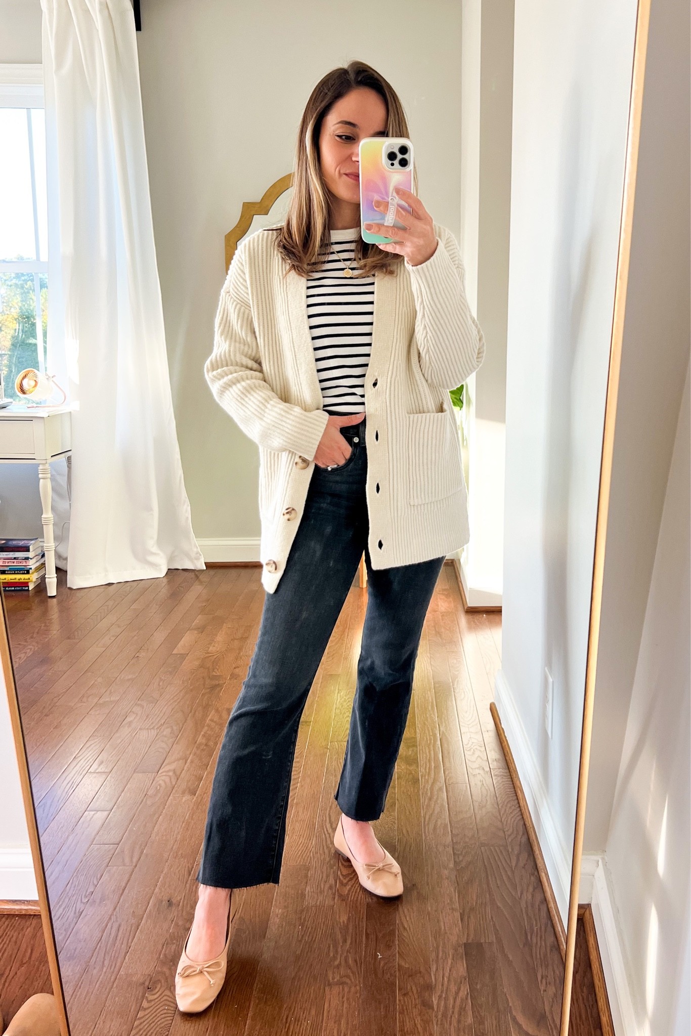 Wearing today 

Sweater: xxs 
Striped tee: petite xs 
Jeans: petite 24 
Shoes: tts 

#LTKSeasonal