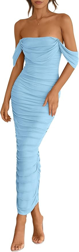 PRETTYGARDEN Womens 2025 Summer Off The Shoulder Dress Ruched Bodycon Sleeveless Split Cocktail P... | Amazon (US)