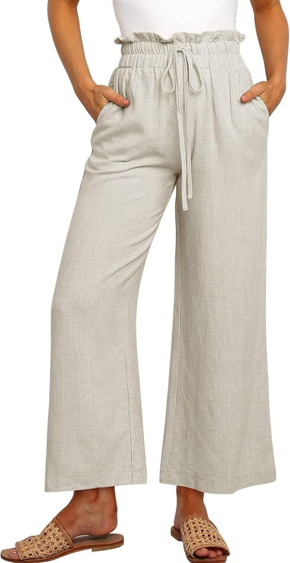 ANRABESS Women's Linen Pants Casual Loose High Waist Drawstring Wide Leg Capri Palazzo Pants Trou... | Amazon (US)