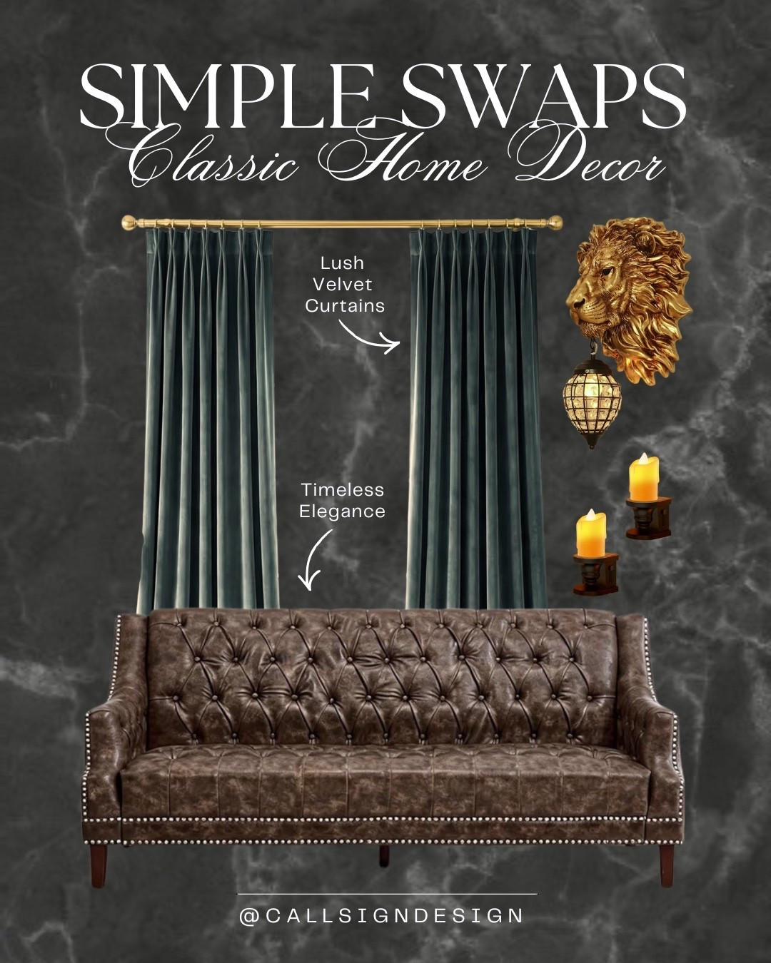 Classic home decor layered with velvet curtains, a Chesterfield couch, and a lion holding a lantern for a touch of whimsy. Candlelit style night lights add a soft glow, bringing warmth, character, and a sense of old world charm to the space. 🕯️✨ 

#ClassicHome #VelvetCurtains #ChesterfieldSofa #WhimsicalDecor #CandlelightGlow #TimelessInteriors #HomeDecor #DesignDetails #callsigndesign
