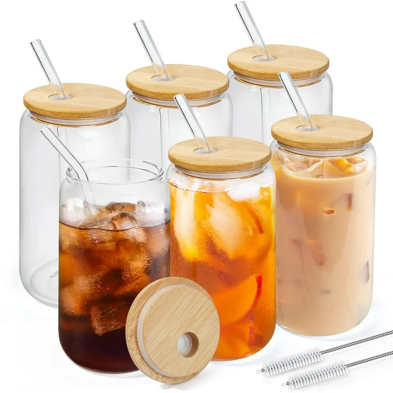 LotFancy 6Pcs Glass Cups with Bamboo Lids and Glass Straw, 16oz Can Shaped Drinking Glasses | Walmart (US)