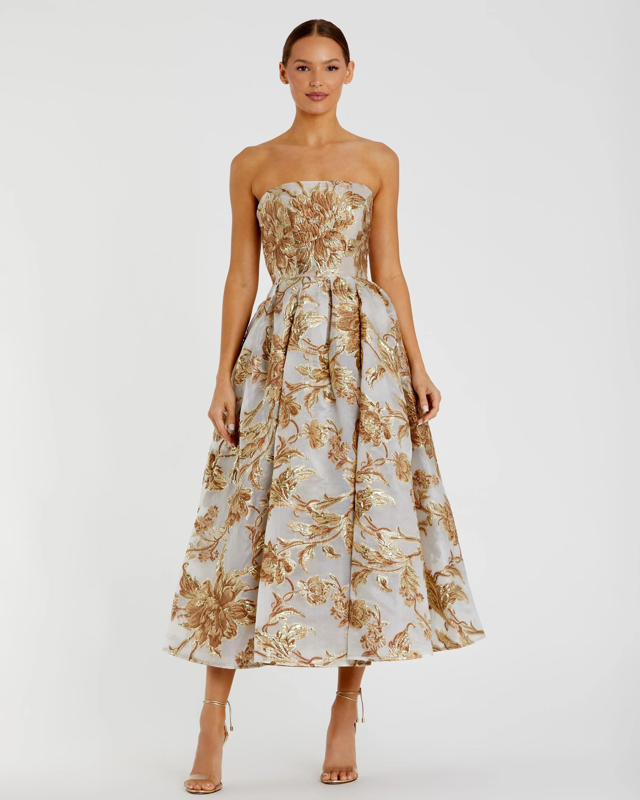 Gold Strapless Brocade Midi Dress with Pockets - Mac Duggal | Mac Duggal