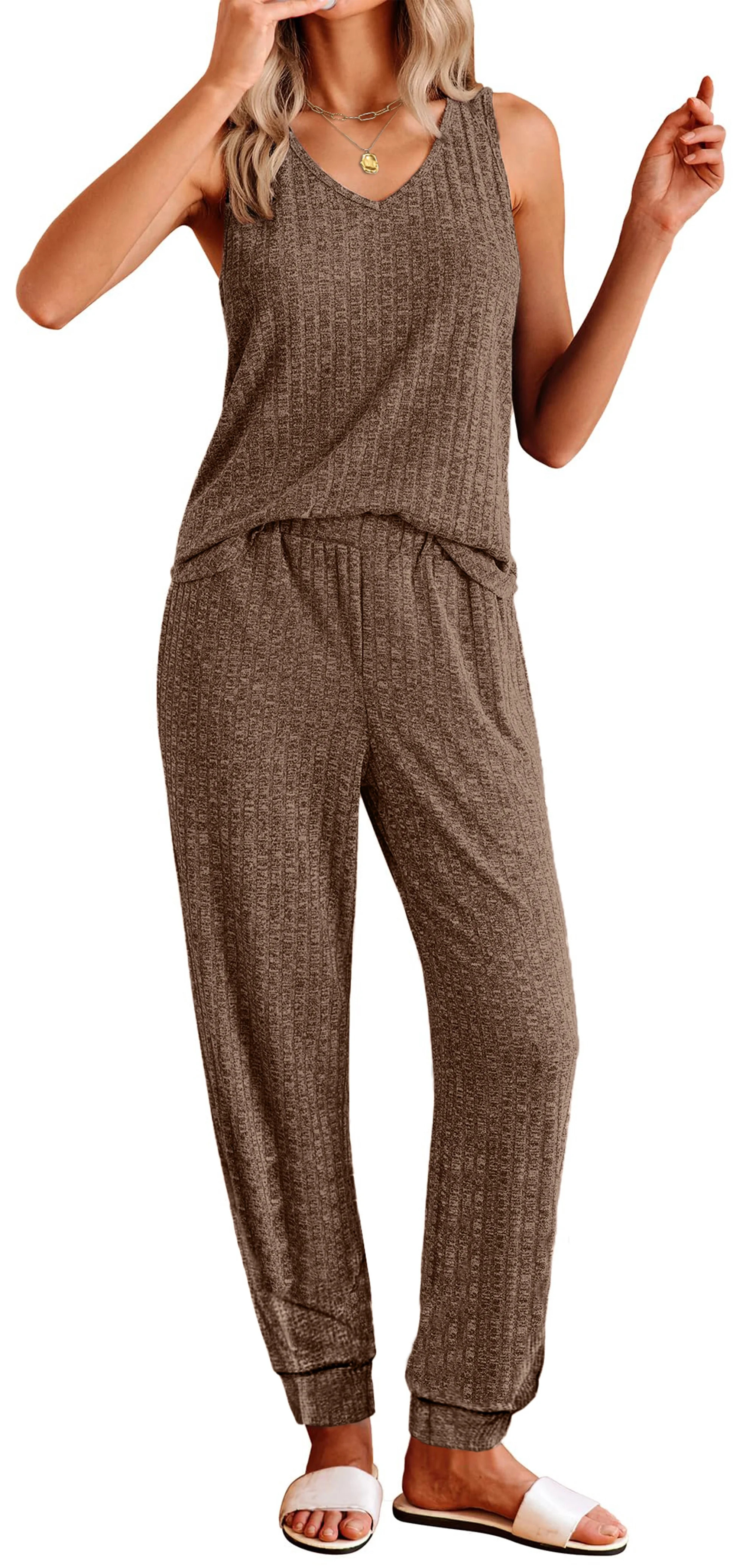 Fantaslook Womens Pajamas Sets V Neck Tank Tops and Long Pants Two Piece Lounge Sets Summer Oufit... | Walmart (US)