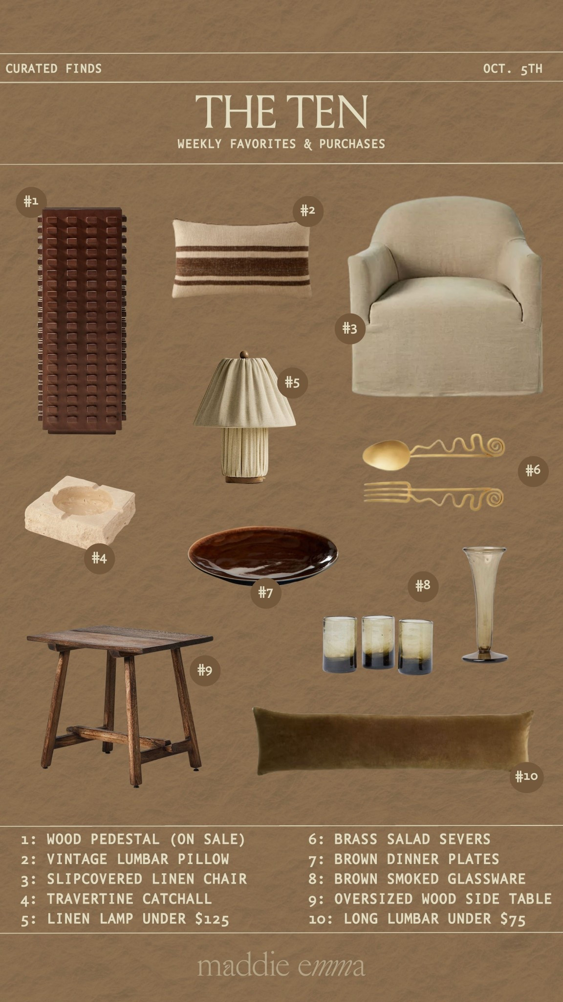 THE TEN: October 5th edition 
weekly favs & purchases 


linen slipcover chair, wood pedestal, linen fabric lamp, travertine catchall, glassware, table scape, wood side table, long lumbar, dinnerware 

#LTKHome