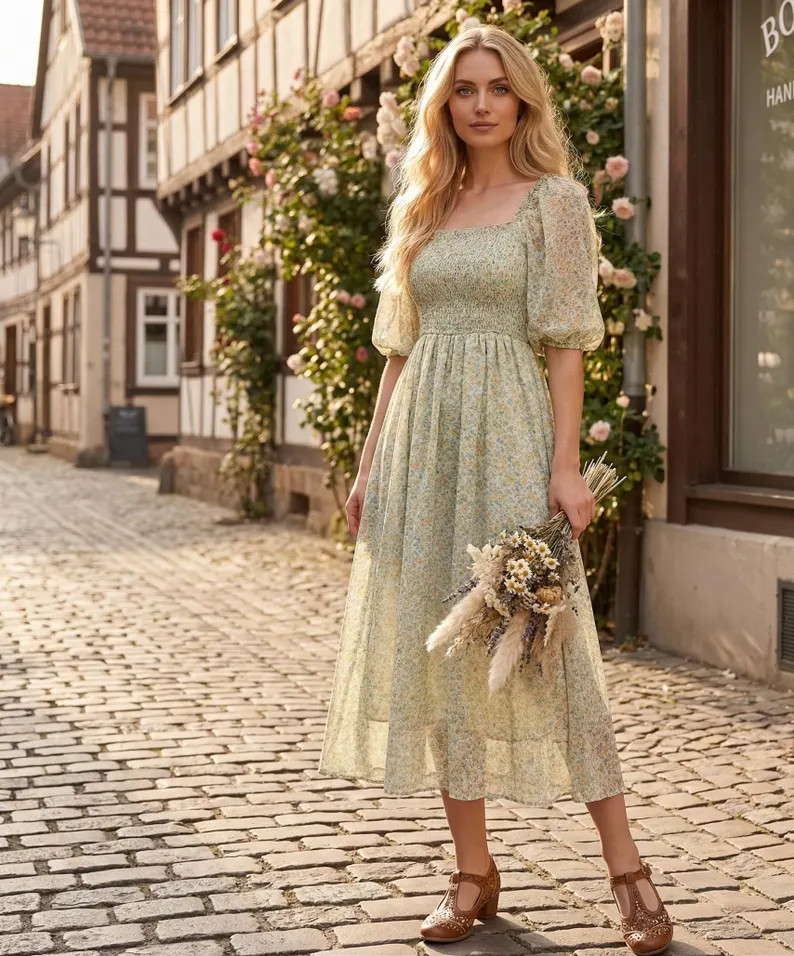 Floral Chiffon Sundress Puff Sleeve Korean Boho Vacation Beach Party Elegant Summer Midi | Etsy (US)