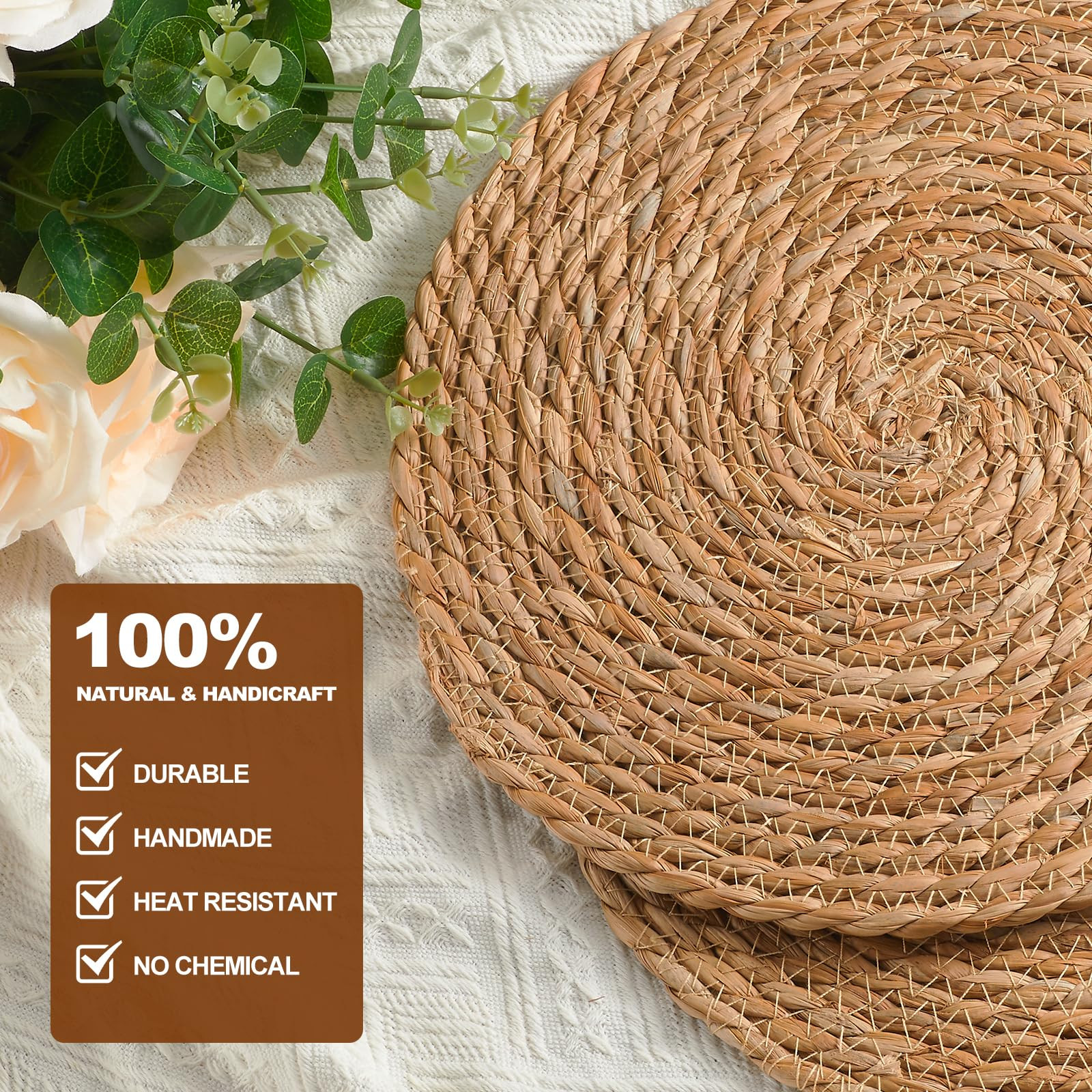 Round Woven Placemats - Boho Rattan Placemats Natural Water Hyacinth Placemats, Farmhouse Weave P... | Amazon (US)