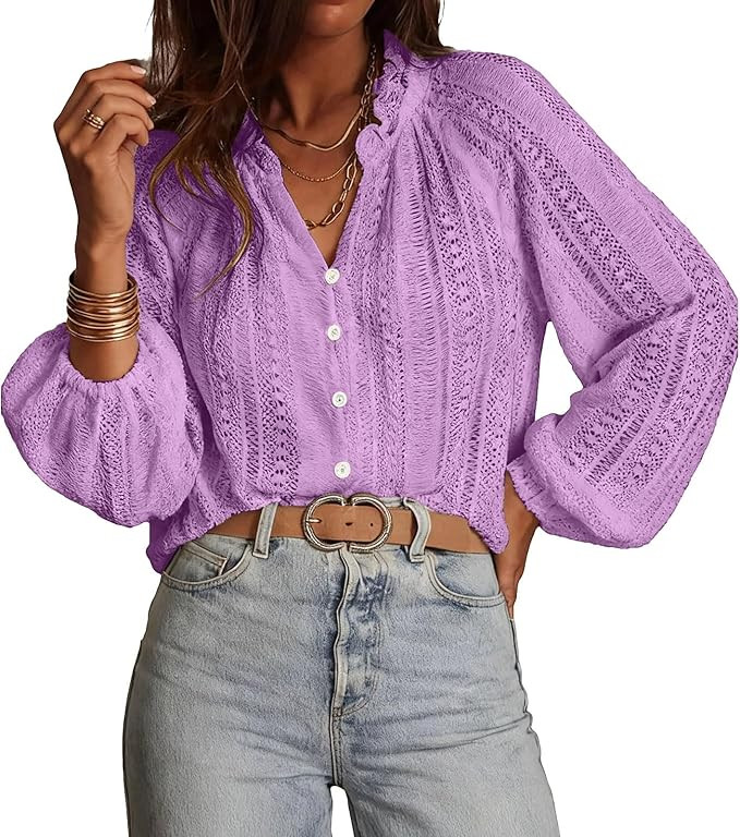 Women's Boho Button Down Shirts Ruffled Collar Long Puff Sleeve Tops Sexy Eyelet Lace Blouse Tren... | Amazon (US)