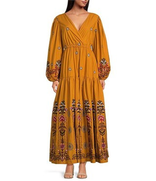 A Loves A Woven Floral Print Surplice Long Balloon Sleeve Tie Back Tiered A-Line Flounce Maxi Dre... | Dillard's