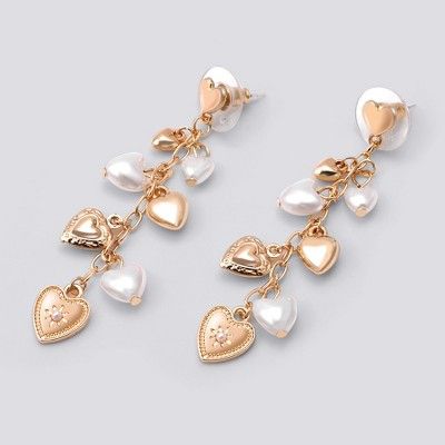 Linear Drop Earring with Heart Charms -Gold | Target