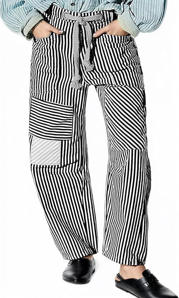 Barrel Jeans for Women Striped Drawstring Patchwork Pants Wide Leg Boyfriend Denim Pants | Amazon (US)