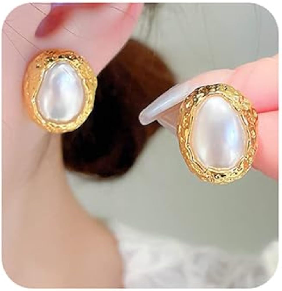 Jumwrit Boho Golden Pearl Earrings Small Bean Oval Pearl Stud Earrings Vintage Irregular Big Roun... | Amazon (US)