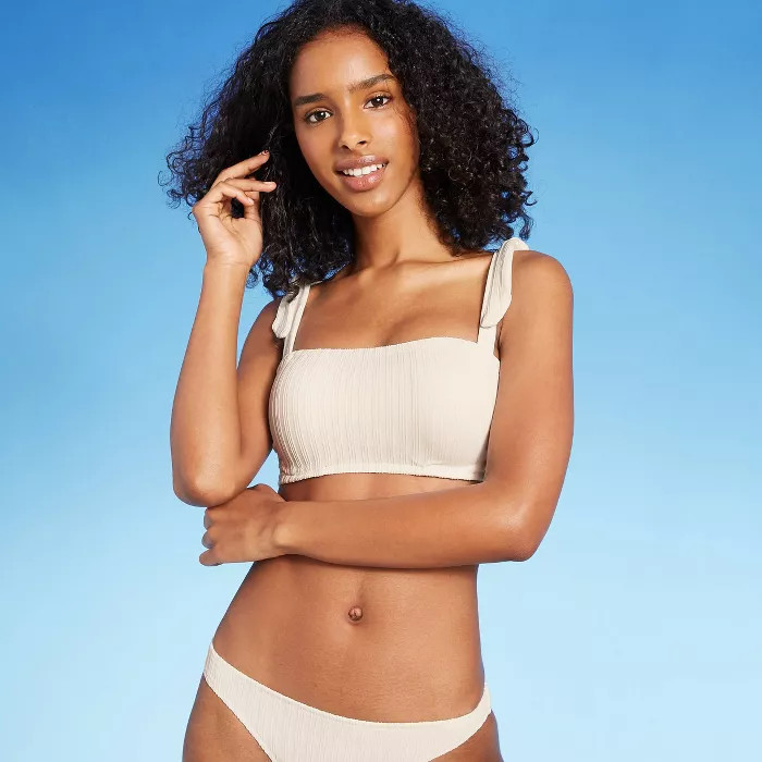 Women's Lightly Lined Shoulder Tie Ribbed Bralette Bikini Top - Shade & Shore™ Cream | Target