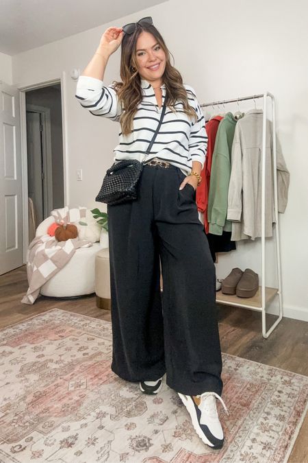 Wide leg trousers style // striped collared sweater / elevated casual style / mom style / business casual/ teacher outfits 

#LTKshoecrush #LTKmidsize