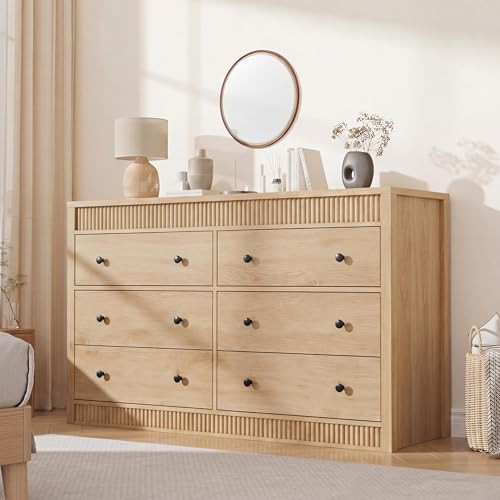 GarveeHome 47" Wide 6 Drawer Dresser for Bedroom, Modern Fluted Wood Chest of Drawers, Oak Finish Clothes Storage Organizer for Living Room, Hallway, Entryway | Amazon (US)