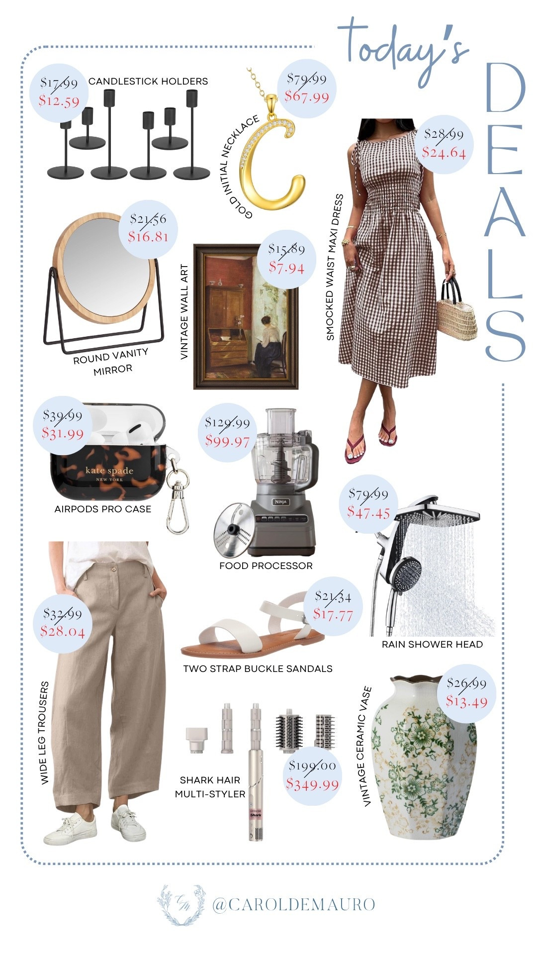 today's deals, sale alert, on sale now, maxi dress, wide leg pants, summer sandals, cadlestick holder, vanity mirror, vintage home decor, bathroom hardware, food processor, gold jewelry, initial necklace, tech accessories