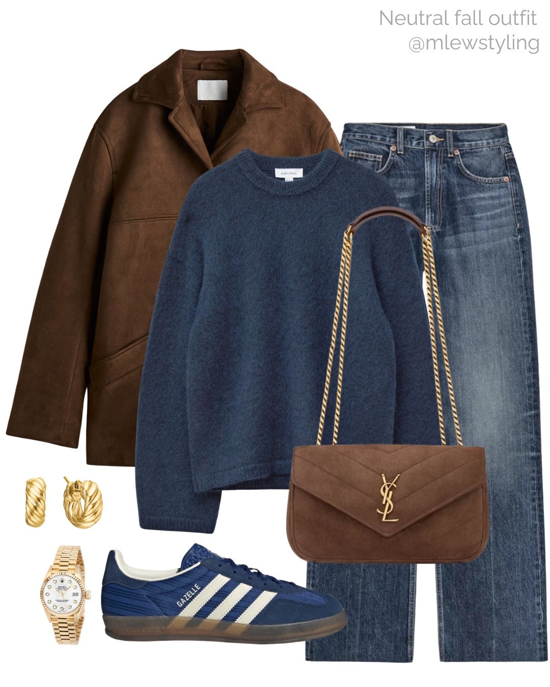 Neutral fall with navy blue and brown 🤎🐻

Tags: autumn outift, faux suede jacket, navy mohair sweater,  new in Zara jeans, adidas gazelle sneakers, ysl quilted bag, gold watch 

#LTKStyleTip #LTKShoeCrush #LTKItBag