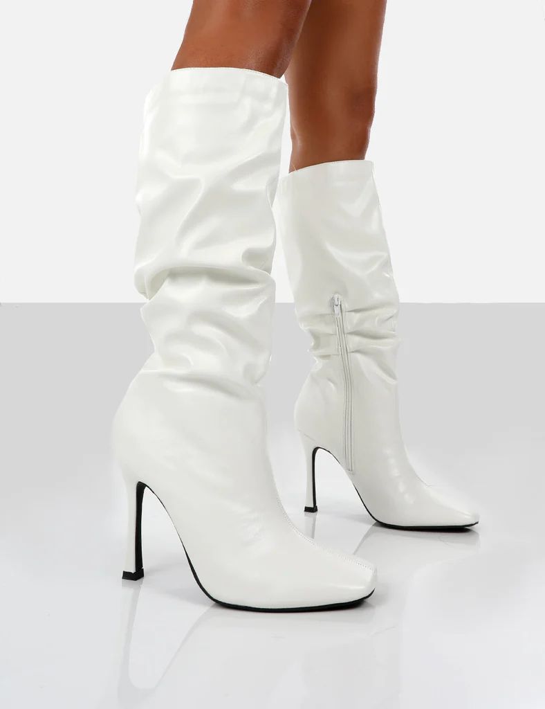 Iris White Pointed Toe Stiletto Heel Knee High Boots | Public Desire (US & CA)