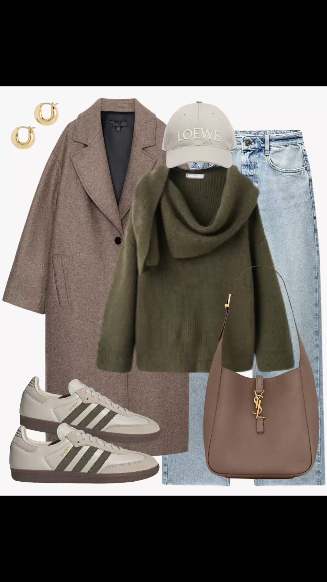 A late fall outfit with an oversized wool coat, knit sweater with scarf, jeans, sneakers, cap, shoulder bag 

#LTKCyberWeek #LTKootd #LTKSaleAlert