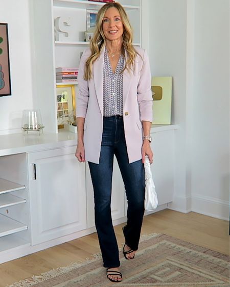 Spring Outfit Ideas!
Long blazer in lavender come in XXS-5X, wearing XS
Patterned camp shirt in lightweight fabric, wearing XS
Bootcut dark wash jeans in stretchy denim, wearing 0 (runs roomy size down)
Strappy low heel sandals
White bag

#LTKunder100 #LTKxNSale #LTKworkwear