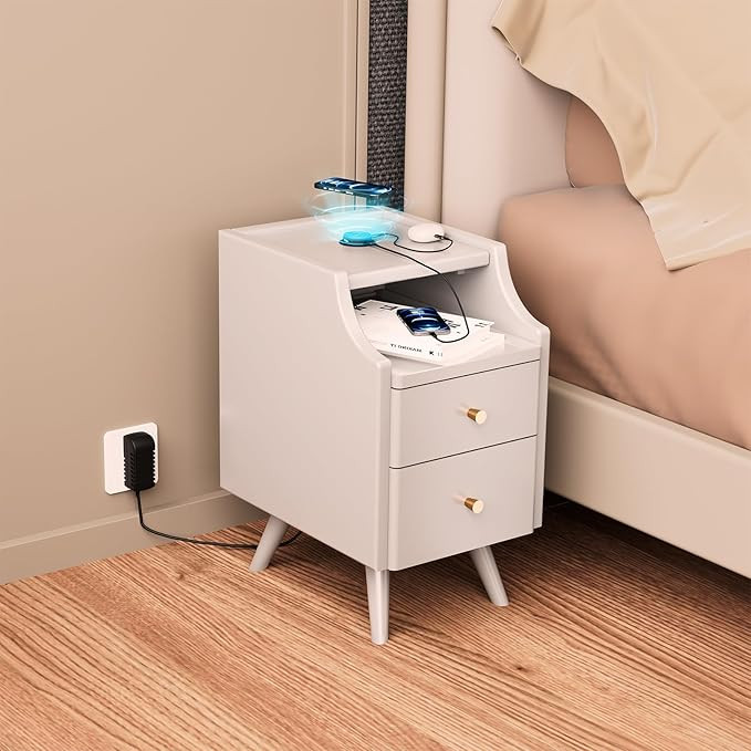 Solid Wood Nightstand with 2 Drawers, USB and Wireless Charging Station, Bedside Table with Open ... | Amazon (US)